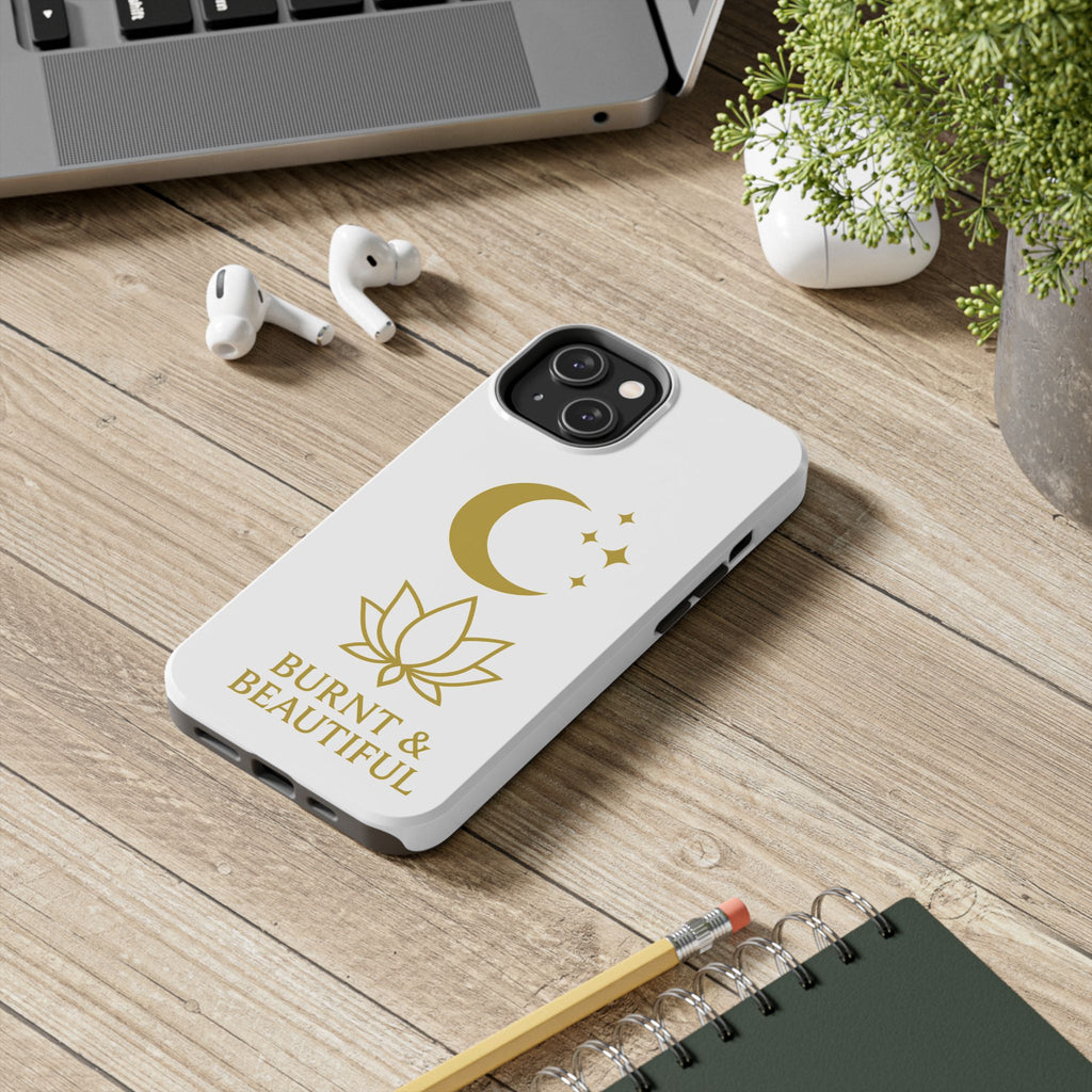 Elegant Moon & Lotus Phone Case | Burnt & Beautiful | Gift for Her, Boho Style, Birthday Present, Spiritual Decor, Tough Phone Cases