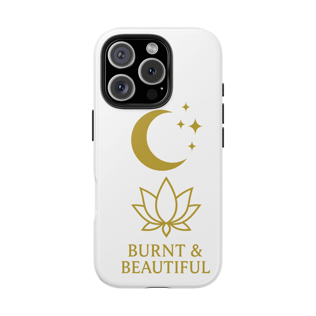 Elegant Moon & Lotus Phone Case | Burnt & Beautiful | Gift for Her, Boho Style, Birthday Present, Spiritual Decor, Tough Phone Cases