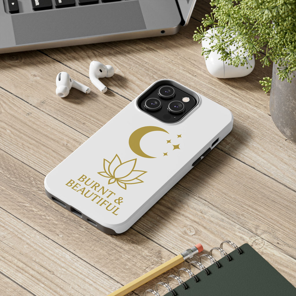 Elegant Moon & Lotus Phone Case | Burnt & Beautiful | Gift for Her, Boho Style, Birthday Present, Spiritual Decor, Tough Phone Cases