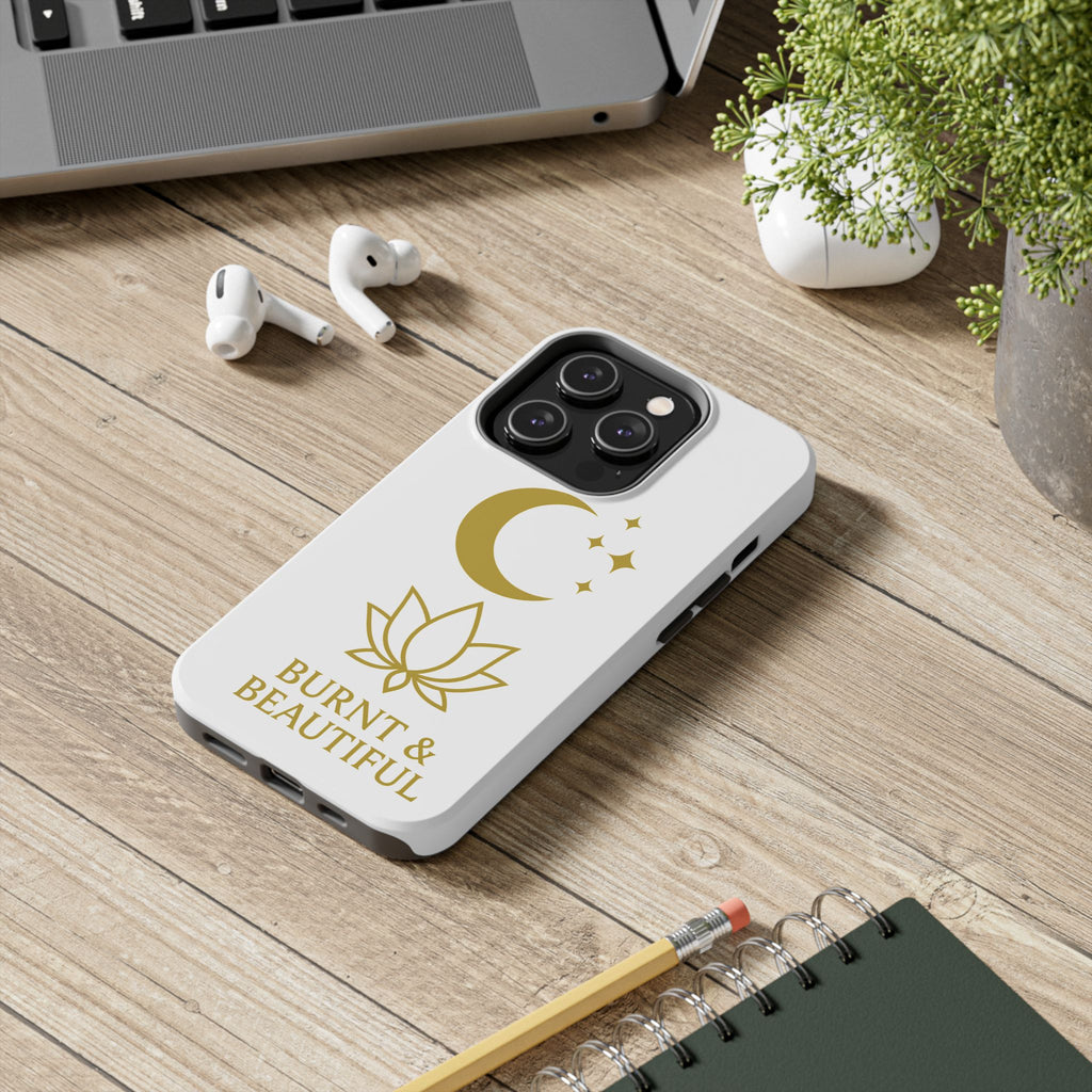 Elegant Moon & Lotus Phone Case | Burnt & Beautiful | Gift for Her, Boho Style, Birthday Present, Spiritual Decor, Tough Phone Cases