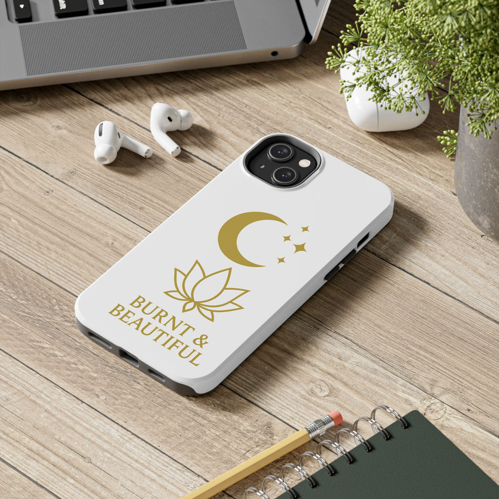 Elegant Moon & Lotus Phone Case | Burnt & Beautiful | Gift for Her, Boho Style, Birthday Present, Spiritual Decor, Tough Phone Cases